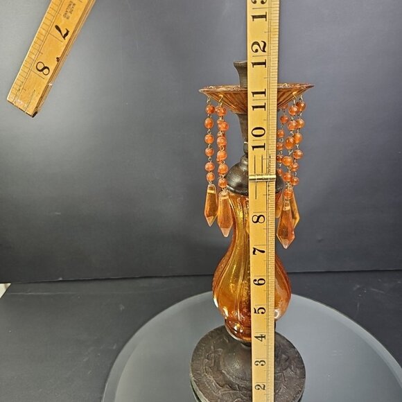 Vintage Candlestick Holder With Amber Glass And Plastic Beads 12 Inches Tall - Picture 6 of 8